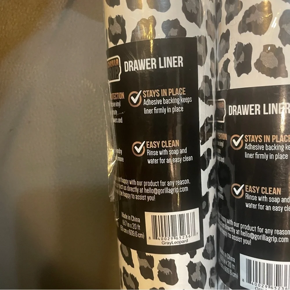 NWT Two Rolls Gorilla Grip Peel & Stick Paper Liner 19.5 in x 20 FT gray leopard